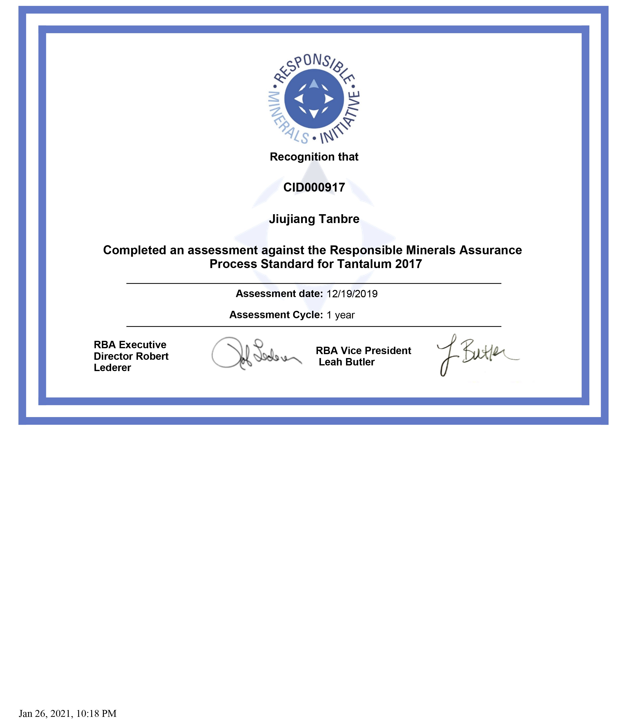 RMAP Recognition Cert_Jiujiang Tanbre 证书